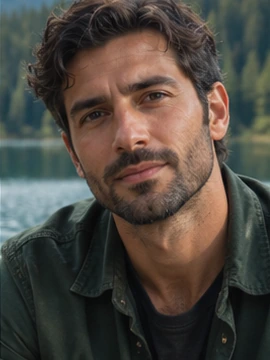 AI-generated portrait of Alex beside a mountain lake