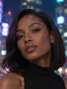 AI-generated portrait of Amara with city lights in the background