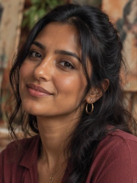 AI-generated portrait of Anika in a warm creative studio