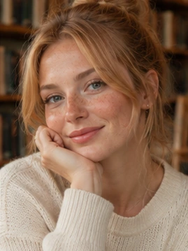 AI-generated portrait of Clara in a library