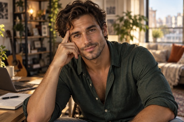 Fictional adult man with dark wavy hair in a sunlit creative apartment.
