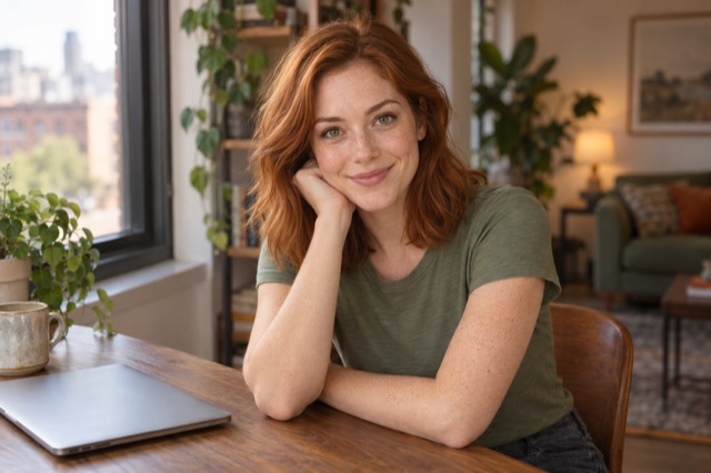 Fictional adult woman with copper-red hair beside an apartment window.