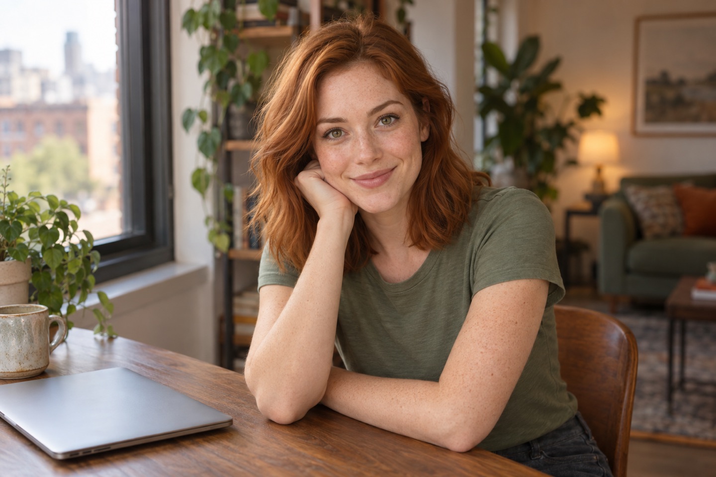 Fictional adult woman with copper-red hair beside an apartment window.