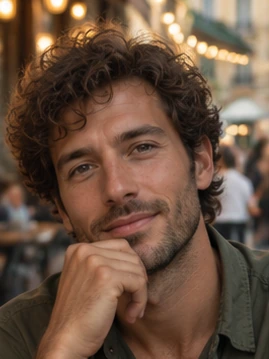 AI-generated portrait of Leo at a softly lit outdoor café