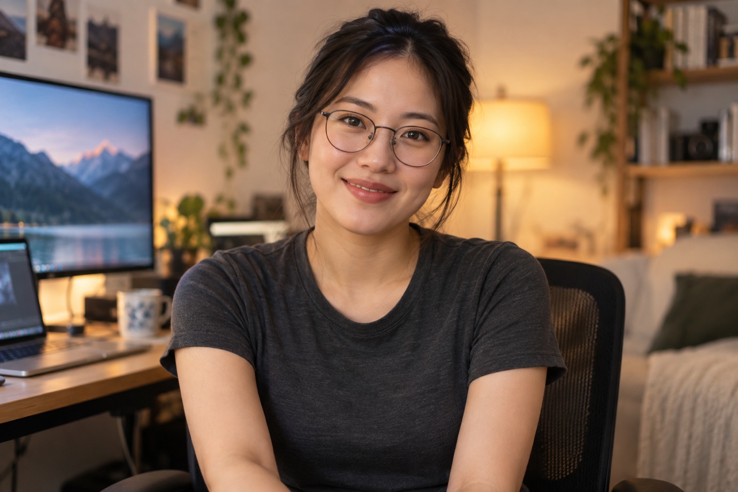 Fictional adult woman with glasses at a warmly lit home computer desk.