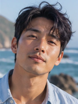 AI-generated portrait of Ren beside a sunlit coastline